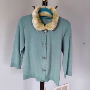 Vintage-Look Aquamarine Cardigan w/ Faux Fur Collar + Jeweled Snaps